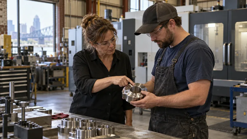 A machine shop owner and technician wearing safety glasses examine a finished metal component.